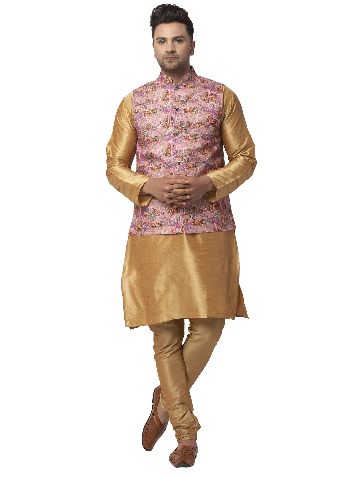 Kalyum Men's Silk Blend Copper Kurta With Pyjama & Pink Printed Nehru Jacket - Distacart