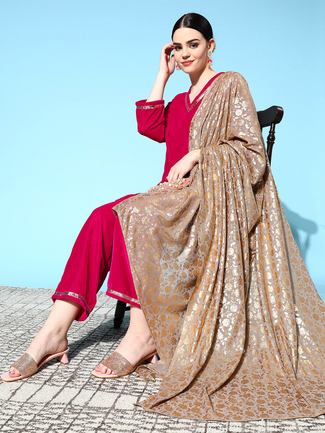 InWeave Women's Fuschia Velvet Kurta Set With Grey Gold Georgette Dupatta - Distacart