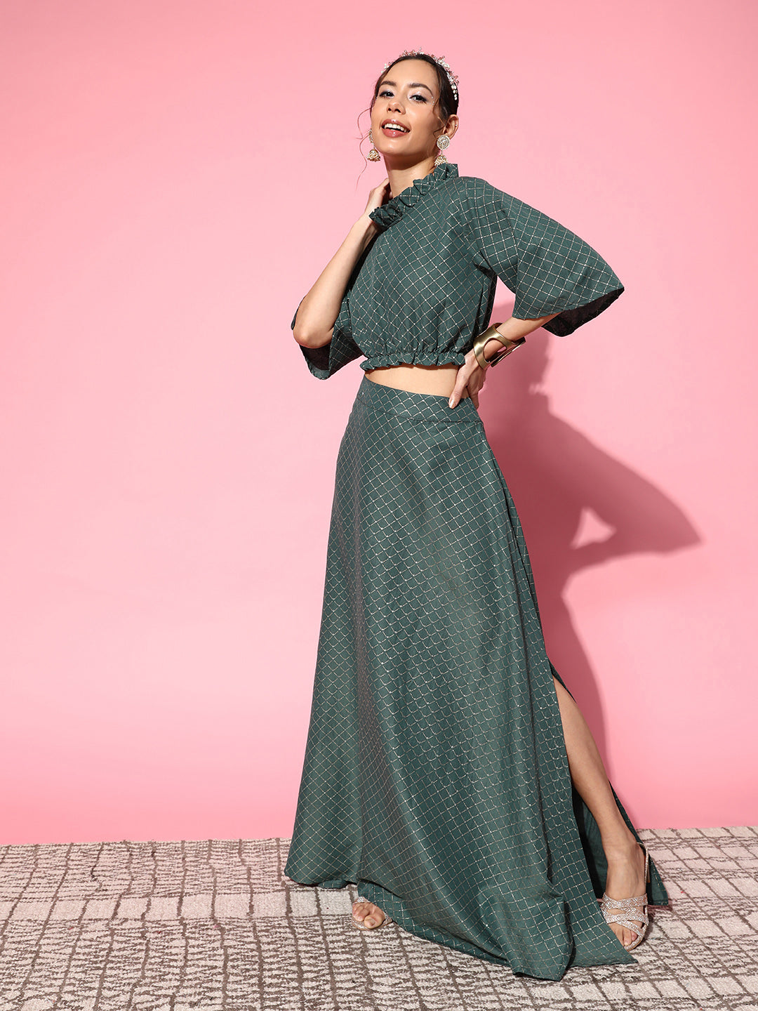 InWeave Women's Hunter Green Gold Crop Top With Side Slit Skirt - Distacart