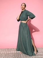 Thumbnail for InWeave Women's Hunter Green Gold Crop Top With Side Slit Skirt - Distacart