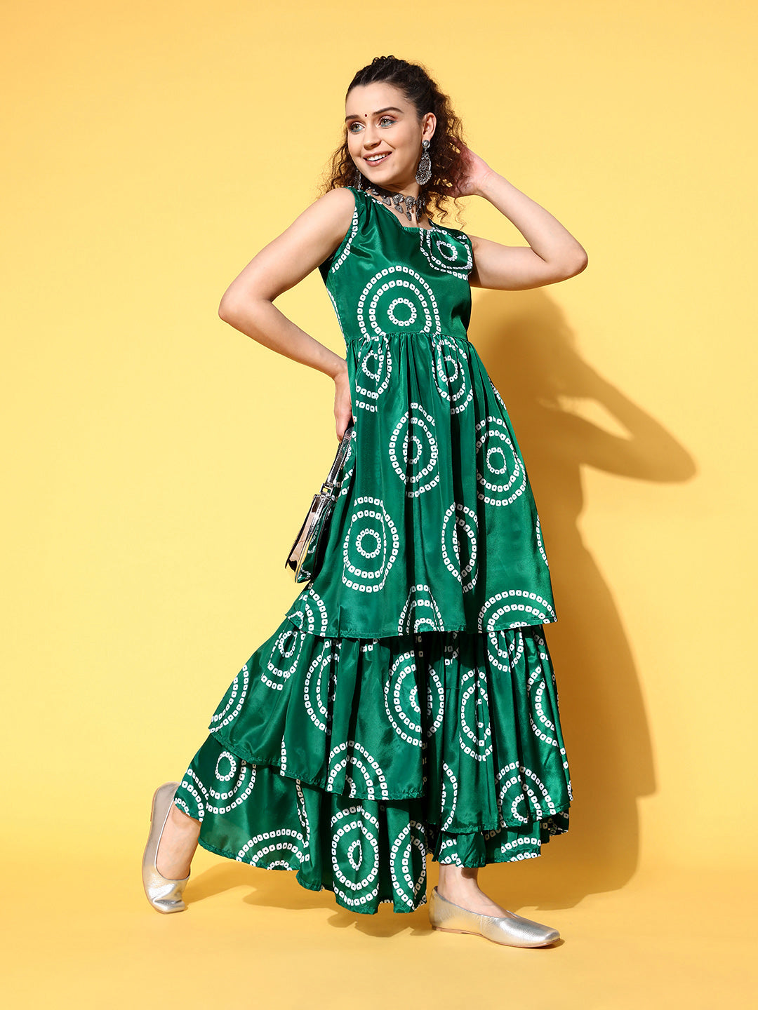 InWeave Women's Green Bandhani Motif Tiered Sharara Set - Distacart