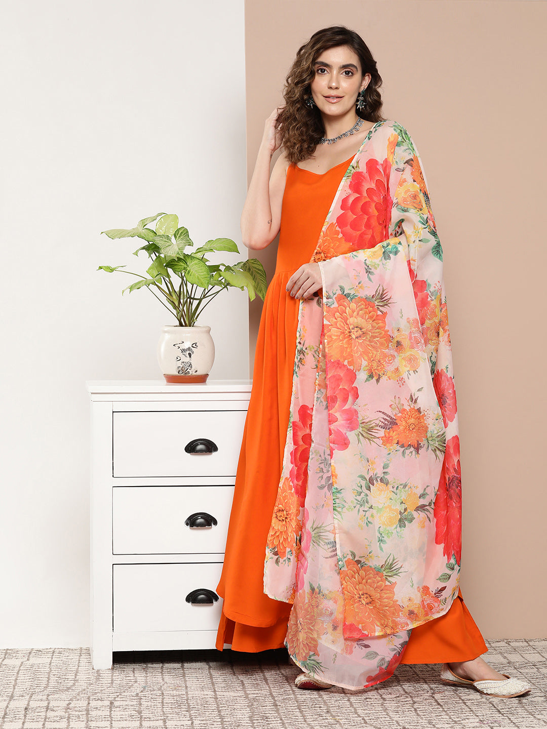InWeave Women's Orange Strppy Set With Red Big Floral Print Dupatta - Distacart