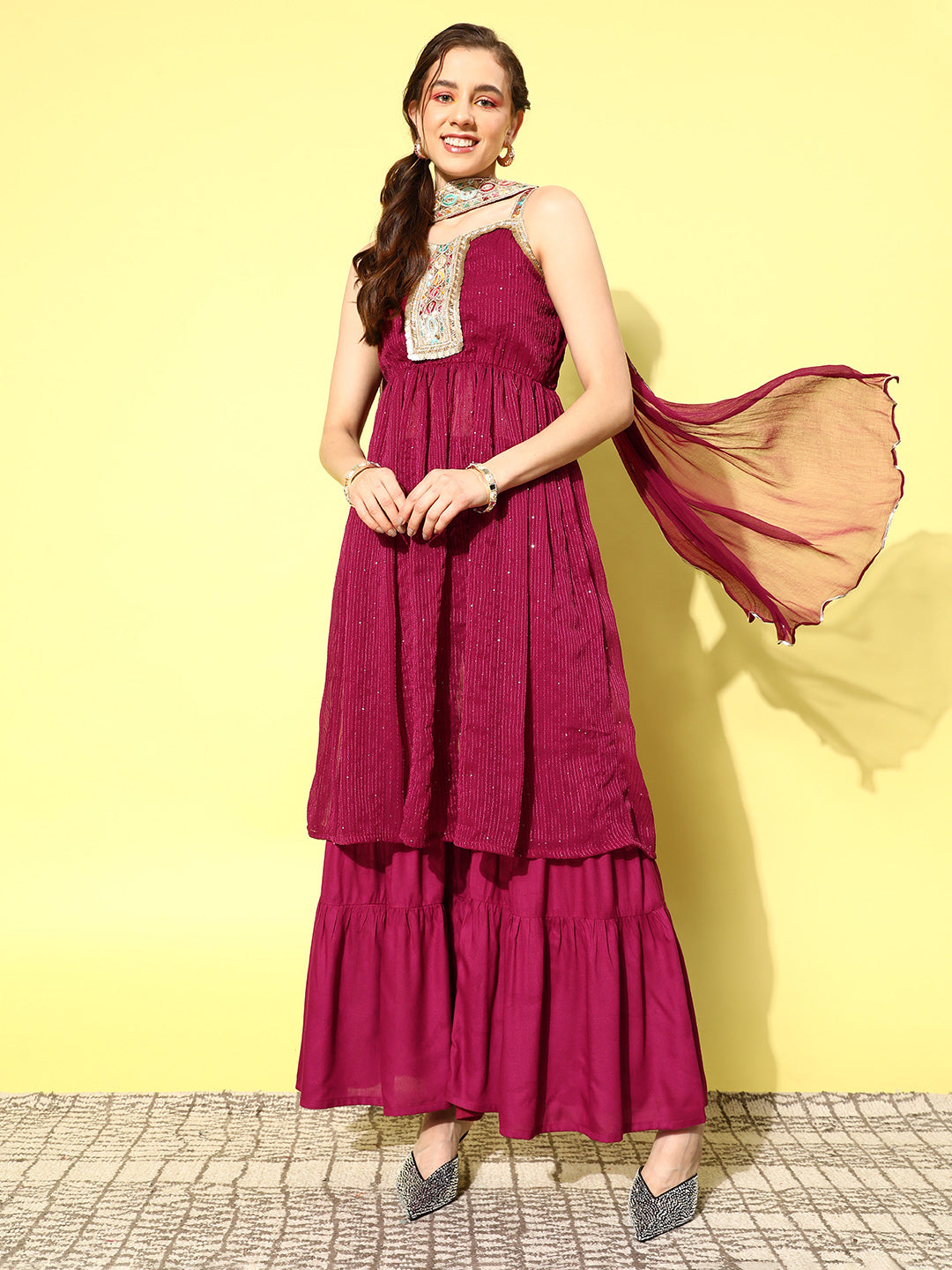 InWeave Women's Maroon Gota Insert Neckline Sharara Set - Distacart