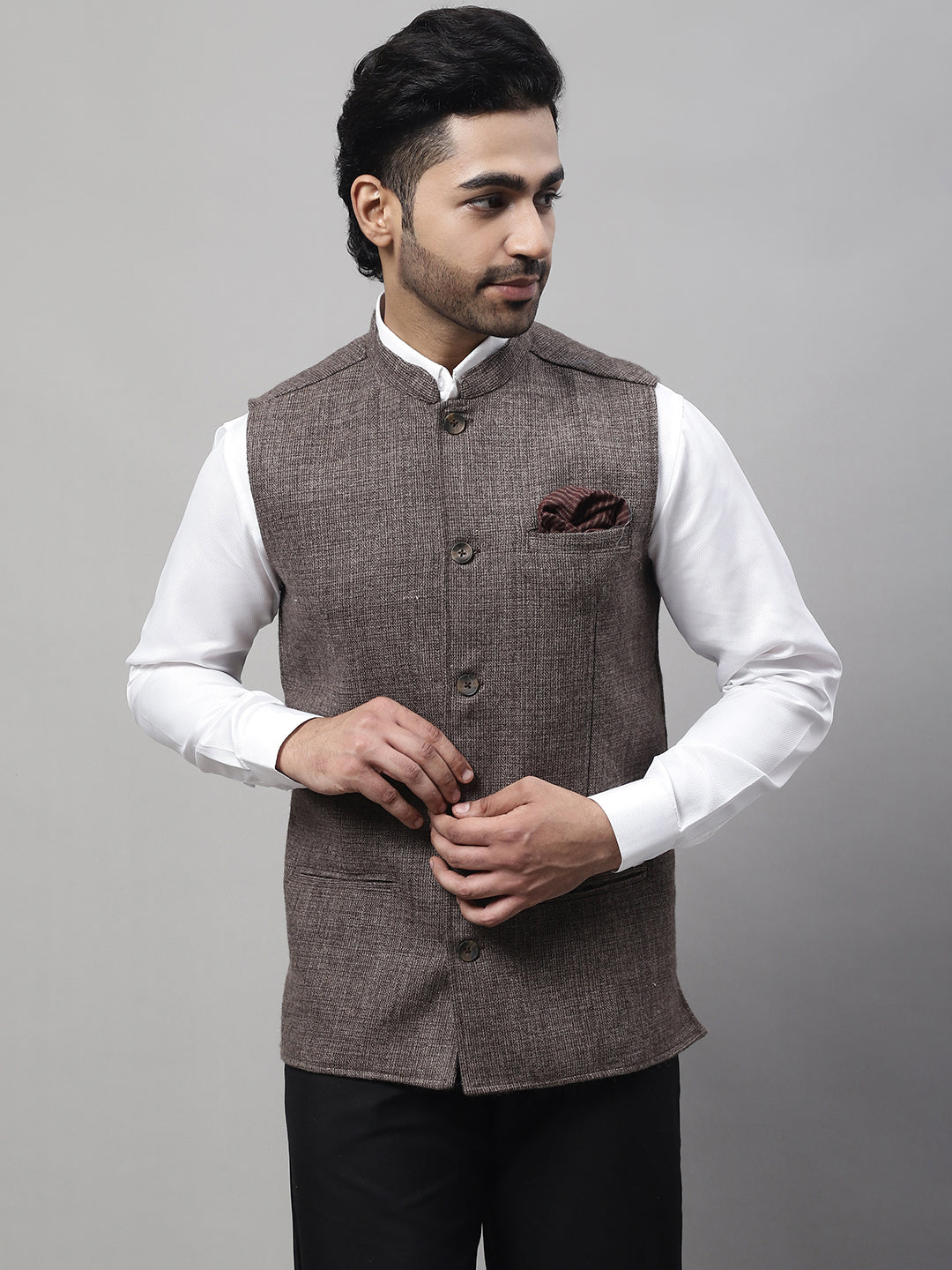 Even Apparels Men's Brown Nehru Jacket With Welt Pockets - Distacart