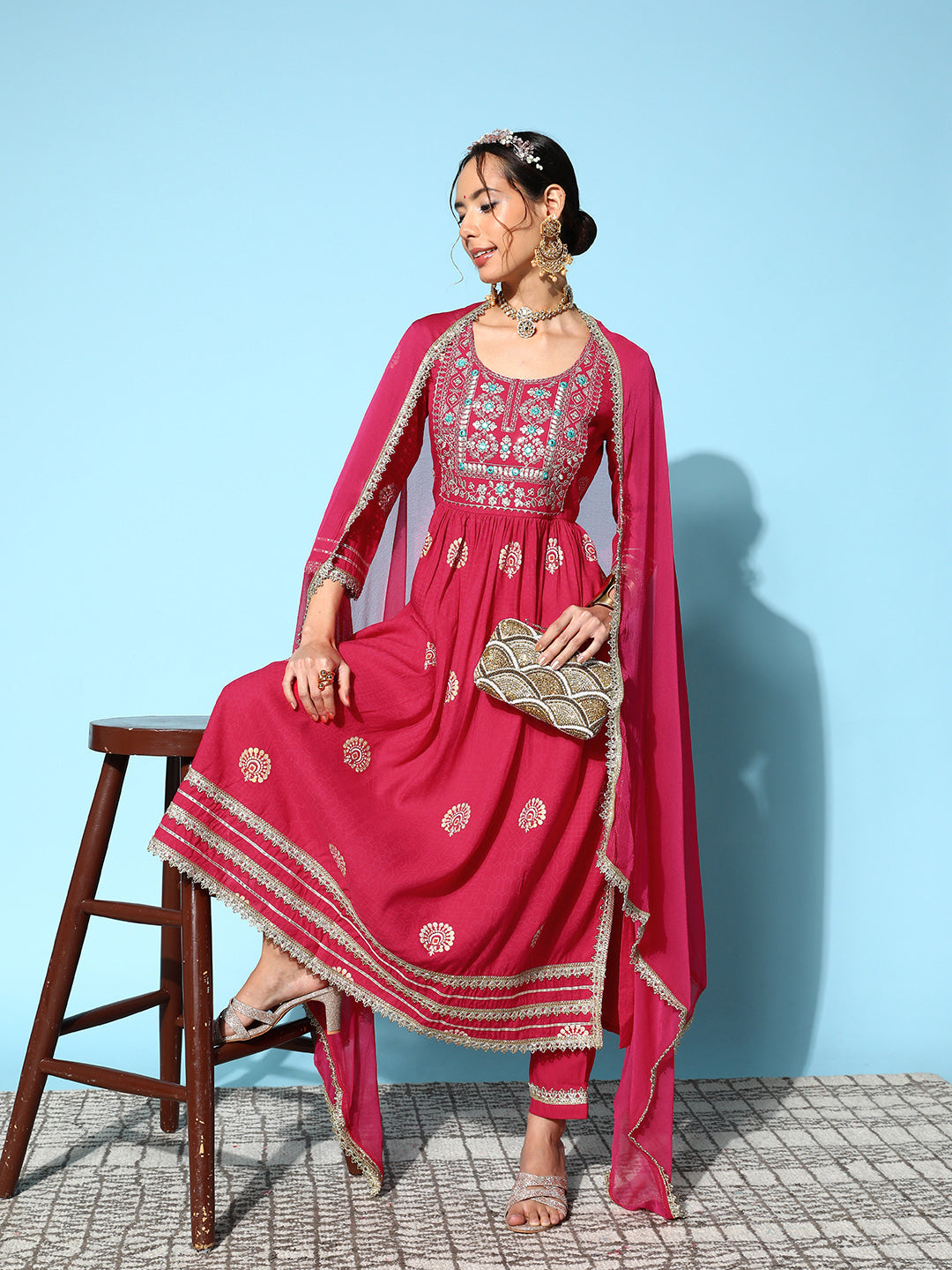 InWeave Women's Pink Nyra Cut Embroidered Kurta Set With Dupatta - Distacart