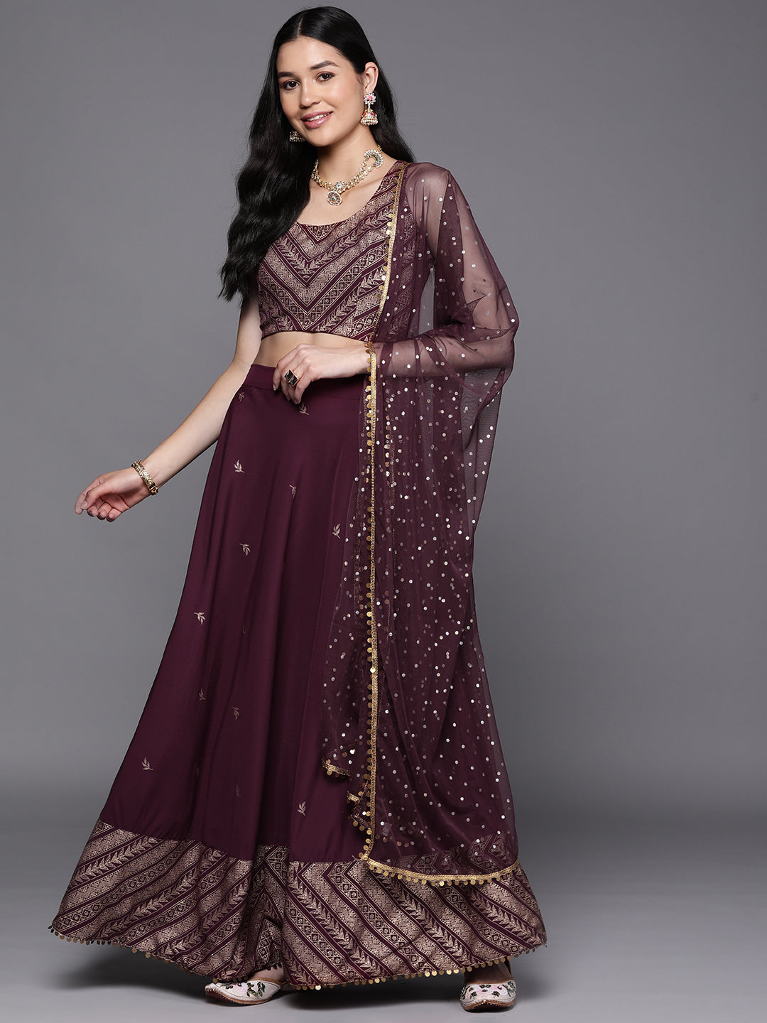 Ahalyaa Purple & Gold-Toned Printed Sequinned Foil Print Ready to Wear Lehenga & Blouse With Dupatta - Distacart