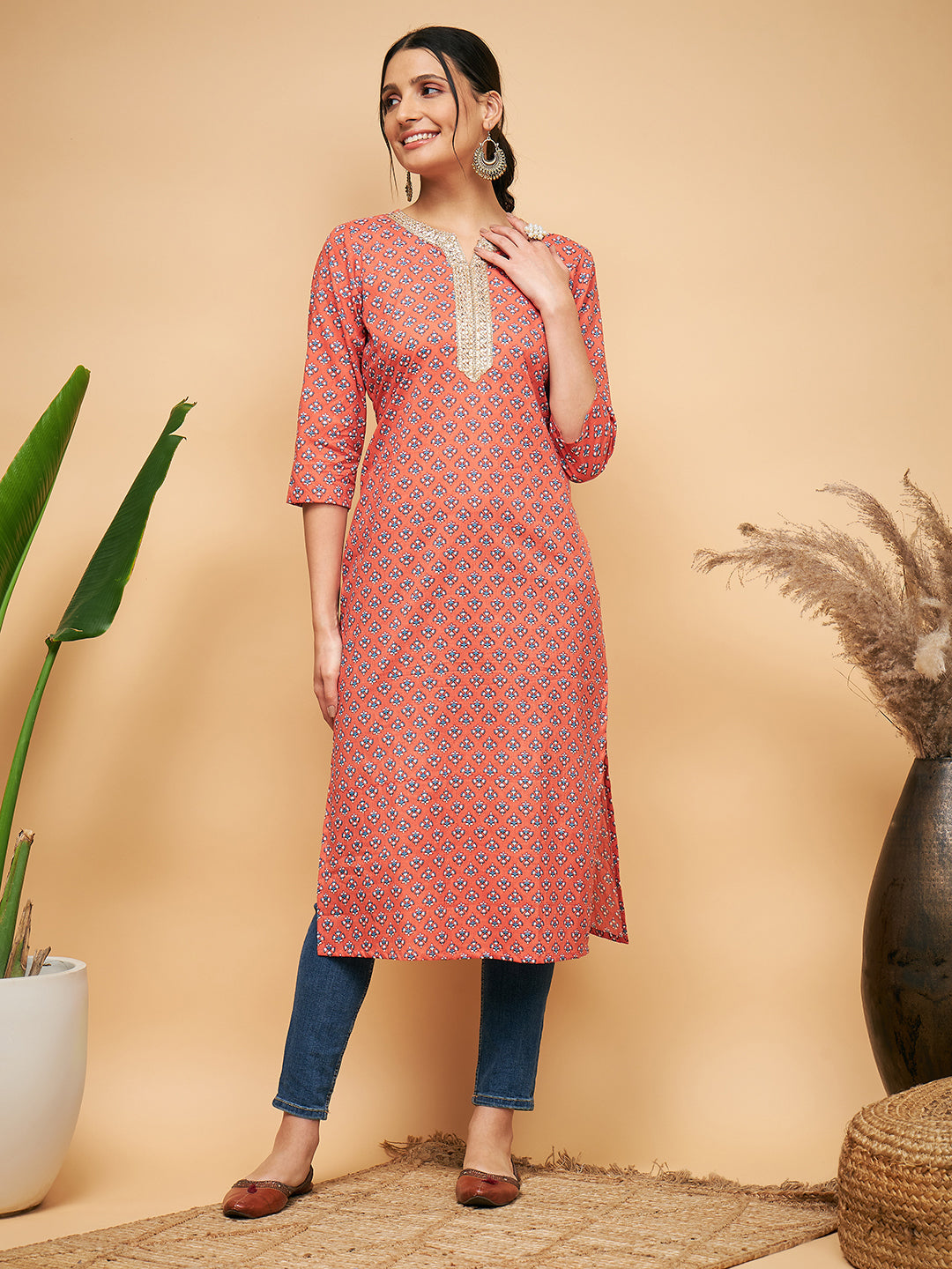InWeave Women's Coral Blue Boota Print Gota Straight Kurta - Distacart