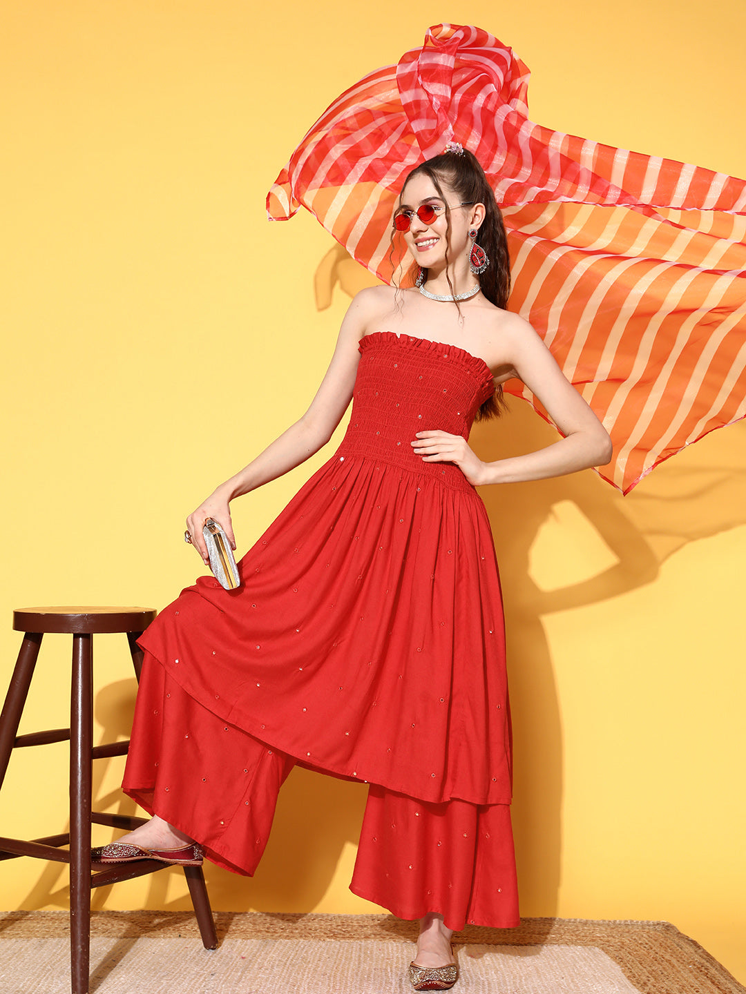 InWeave Women's Red Mirror Work Off Shoulder Kurta Set With Lehriya Dupatta - Distacart