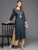 Thumbnail for Varanga Women Blue Placement Printed Straight Kurta - Distacart