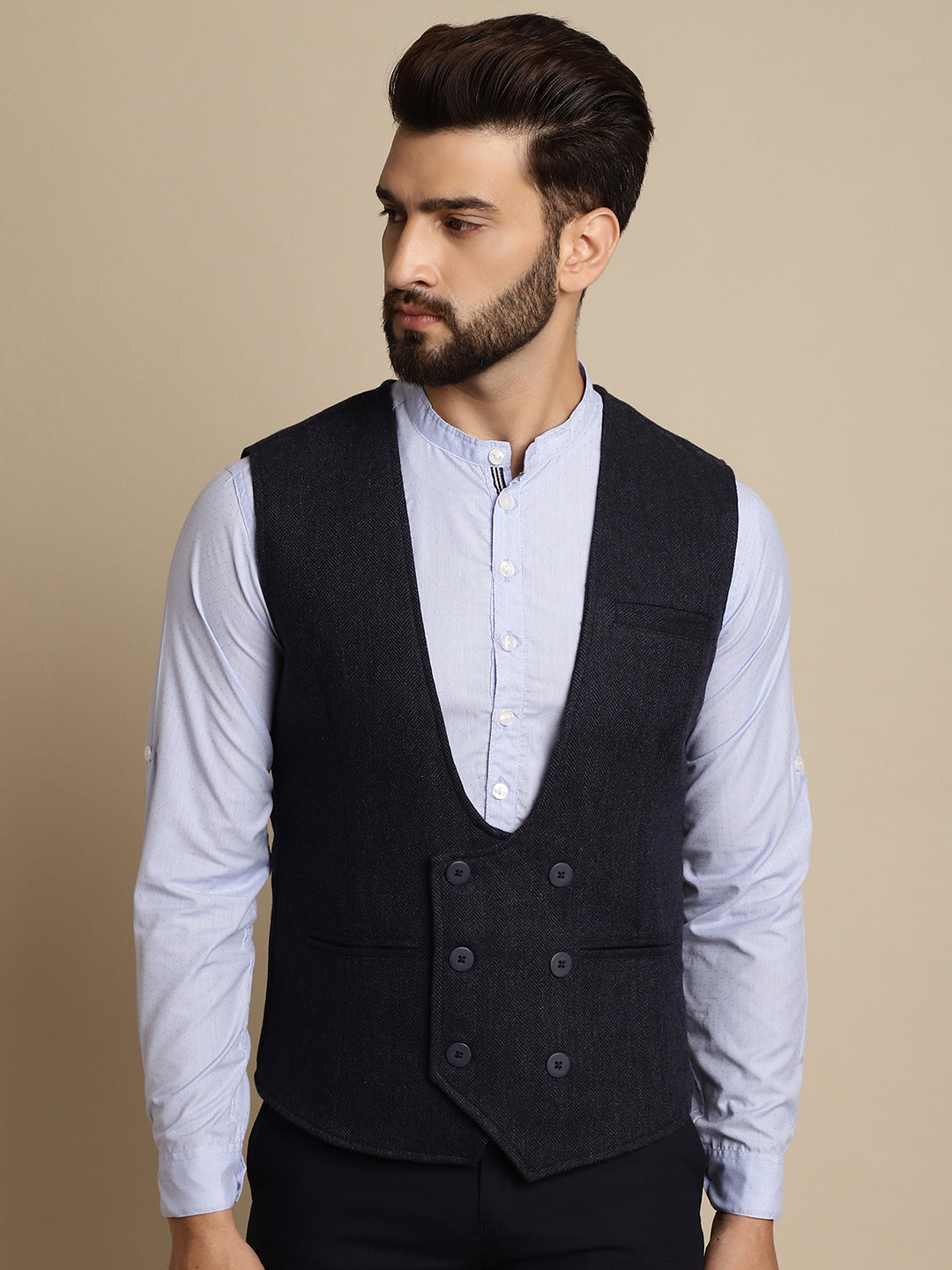 Even Apparels Men's Blue Woolen Double Breast Waistcoat - Distacart