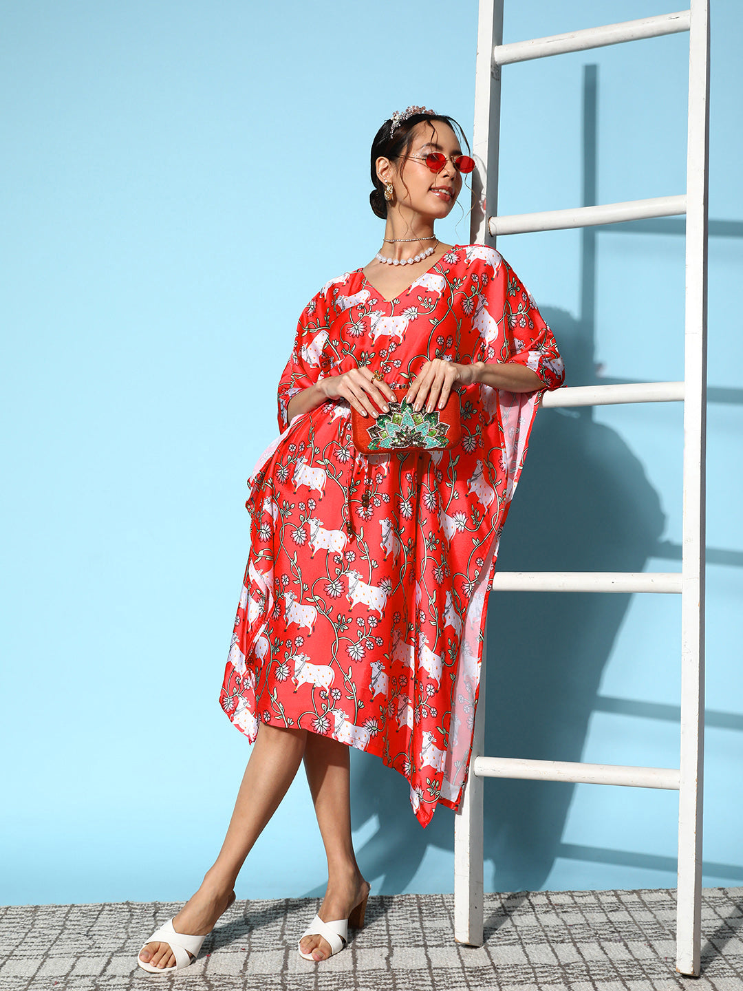 InWeave Women's Bright Pink Indian Bull Print Kaftan - Distacart