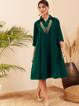 InWeave Women's Teal Velvet Collared Neck Flared Midi Dress - Distacart