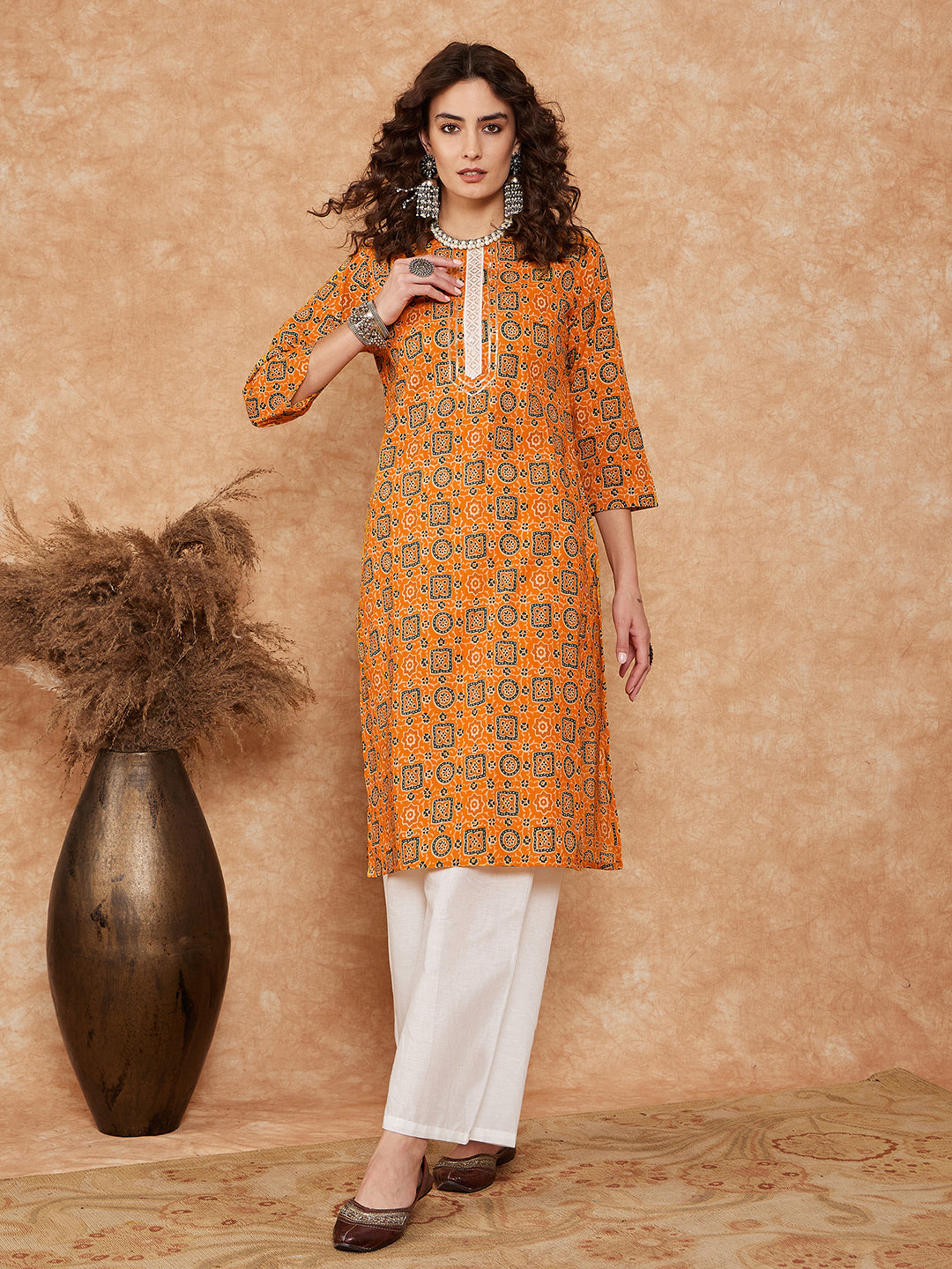 InWeave Women's Mustard Ethnic Print Lace Gota Work Straight Kurta - Distacart