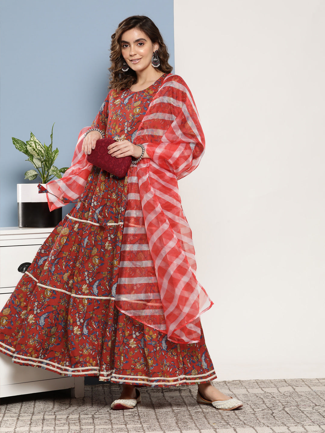 InWeave Women's Red Floral Print Tiered Dress With Lace With Red Leh Dupatta - Distacart
