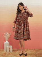 Thumbnail for InWeave Women's Maroon Mughal Kalamkari Flared Dress - Distacart