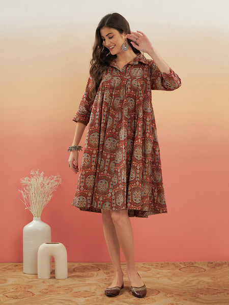 InWeave Women's Maroon Mughal Kalamkari Flared Dress - Distacart