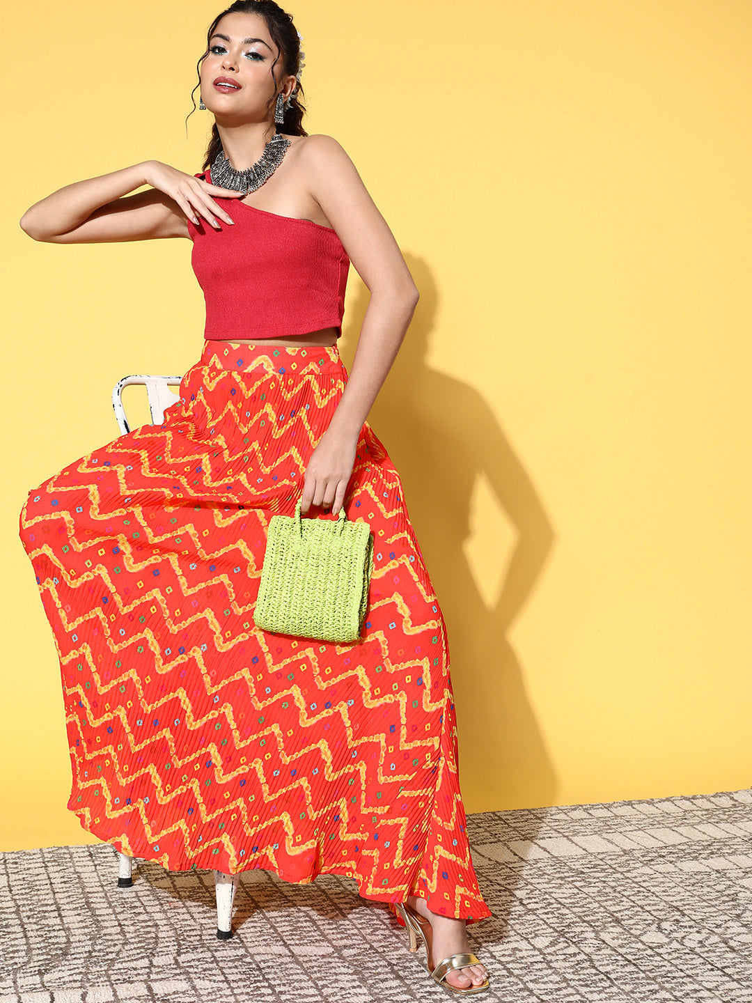 InWeave Women's Orange Bandhej Pleated Skirt - Distacart