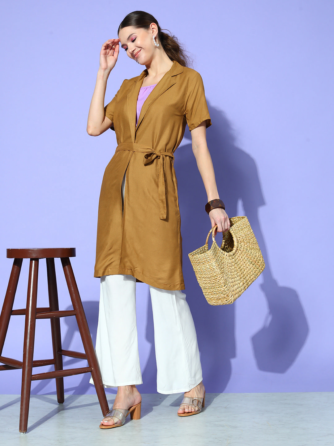 InWeave Women's Camel Brown Cream Pant Coord Set With Mauve Crop Top - Distacart