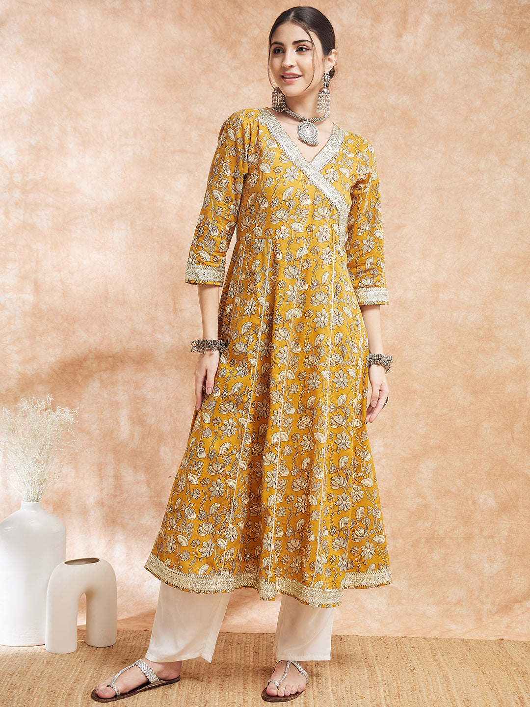 InWeave Women's Mustard Printed Gota Embroidered Anarkali Kurta - Distacart