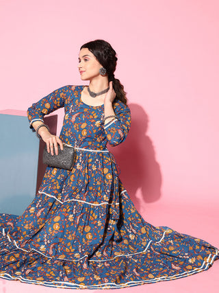 InWeave Women's Blue Floral Print Dress With Lace - Distacart