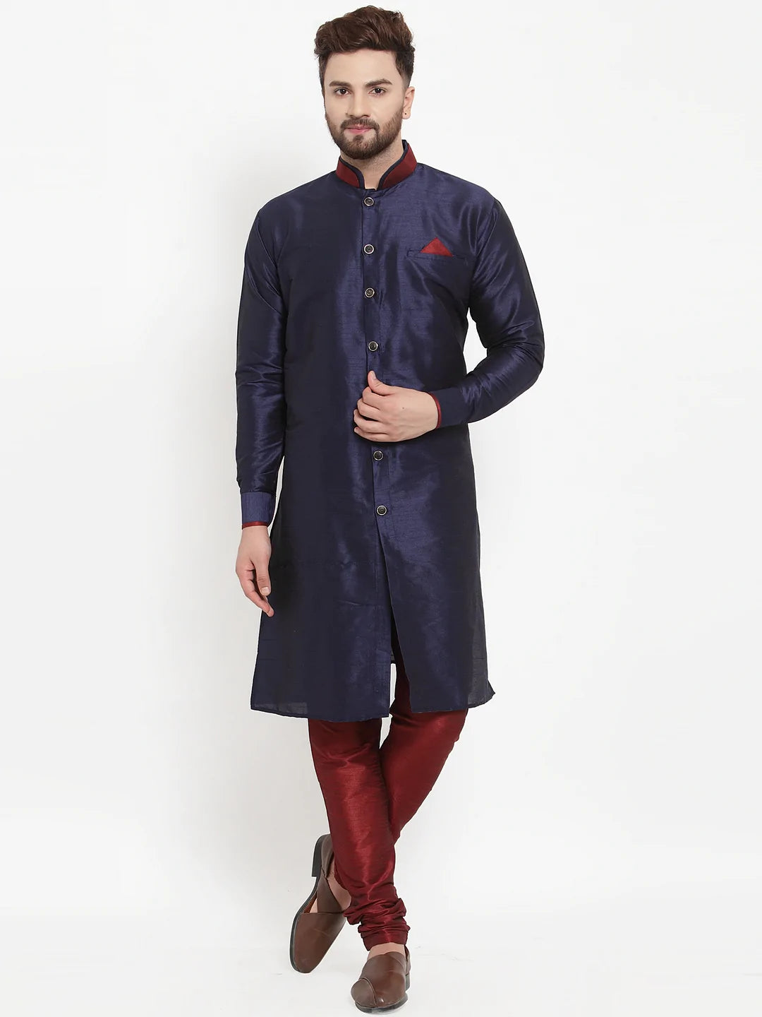 Kalyum Men's Navy Blue Solid Kurta with Maroon Churidaar Pyjama Set - Distacart
