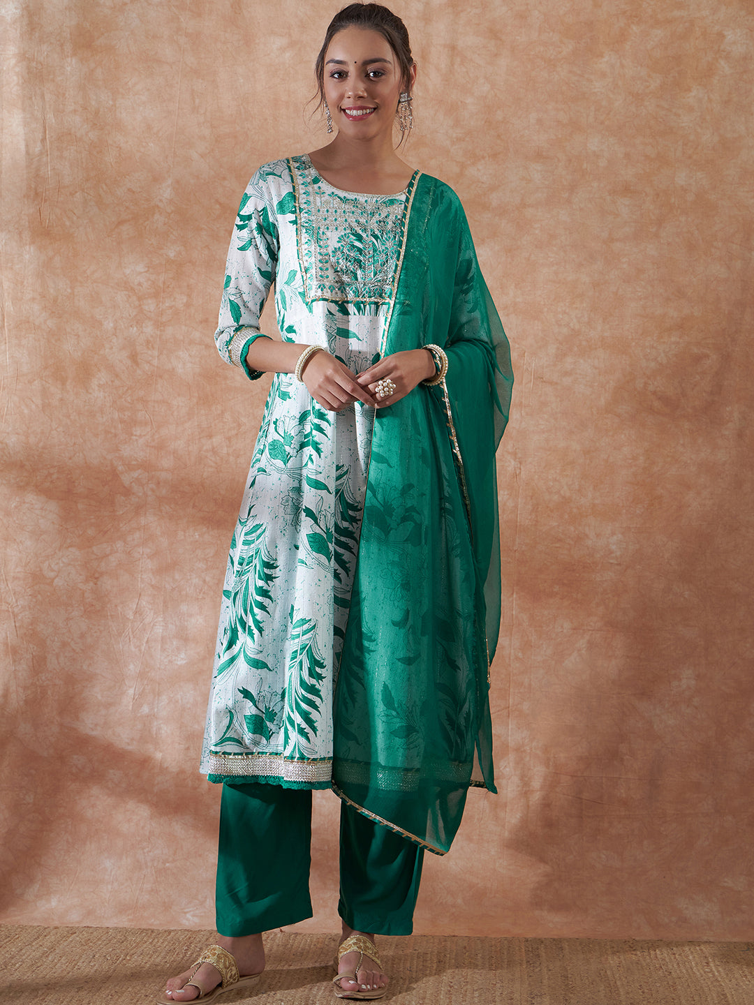InWeave Women's White Teal Lurex Leaf Print Patch Gota Kurta Set W Teal Dupatta - Distacart