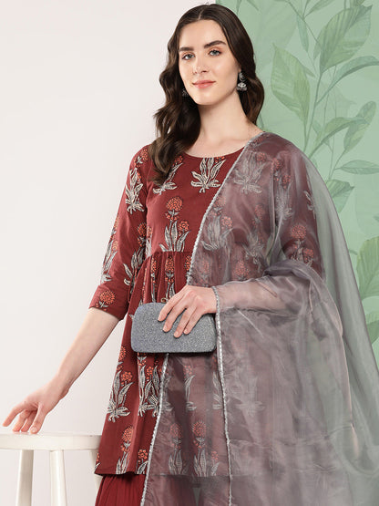 InWeave Women's Brick Rust Boota Sharara Set With Dupatta - Distacart