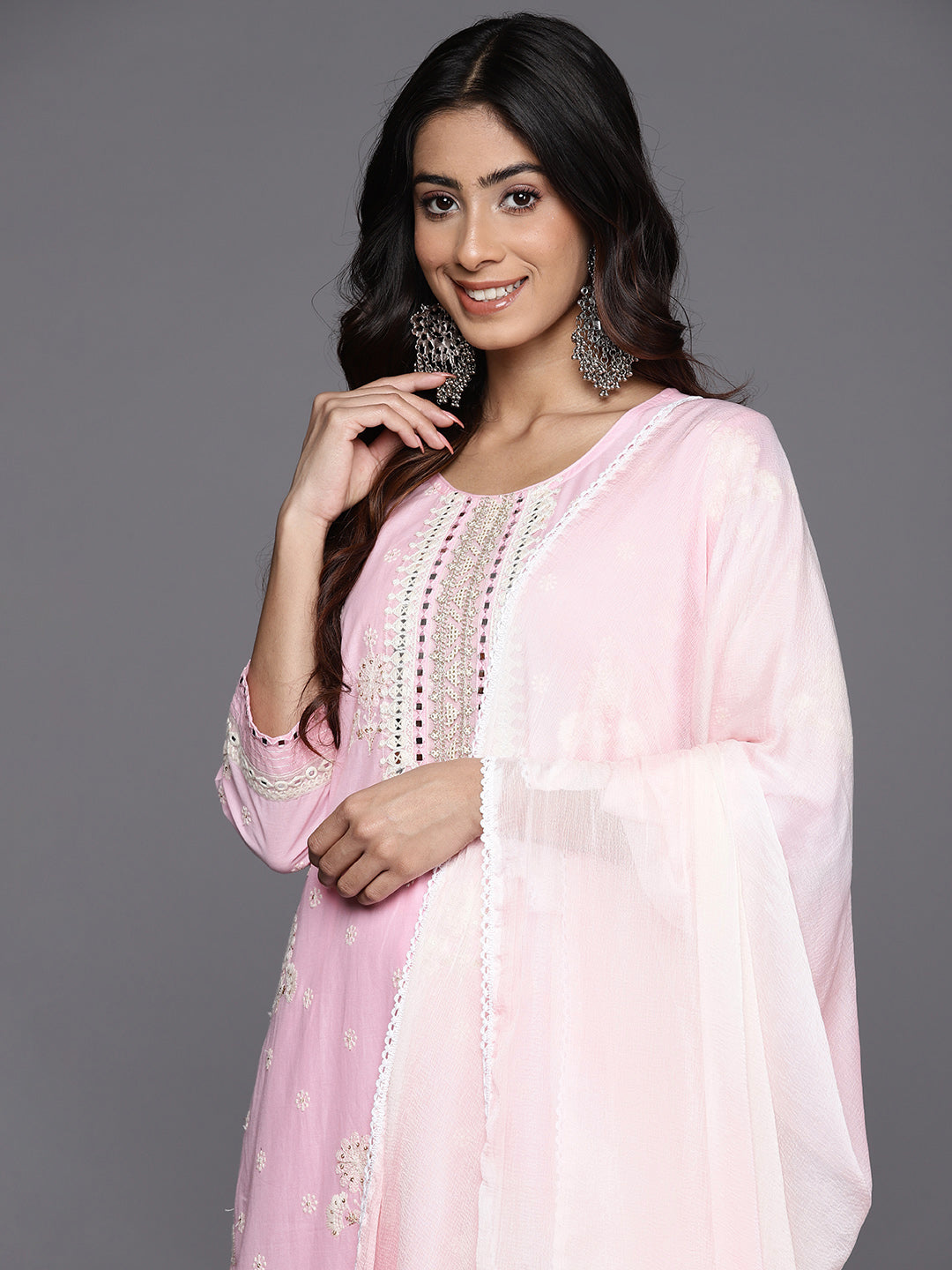 KSUT (House of Varanga) Pink Thread And Mirror Embroidered Kurta Paired With Straight Trouser And Chiffon Dupatta - Distacart