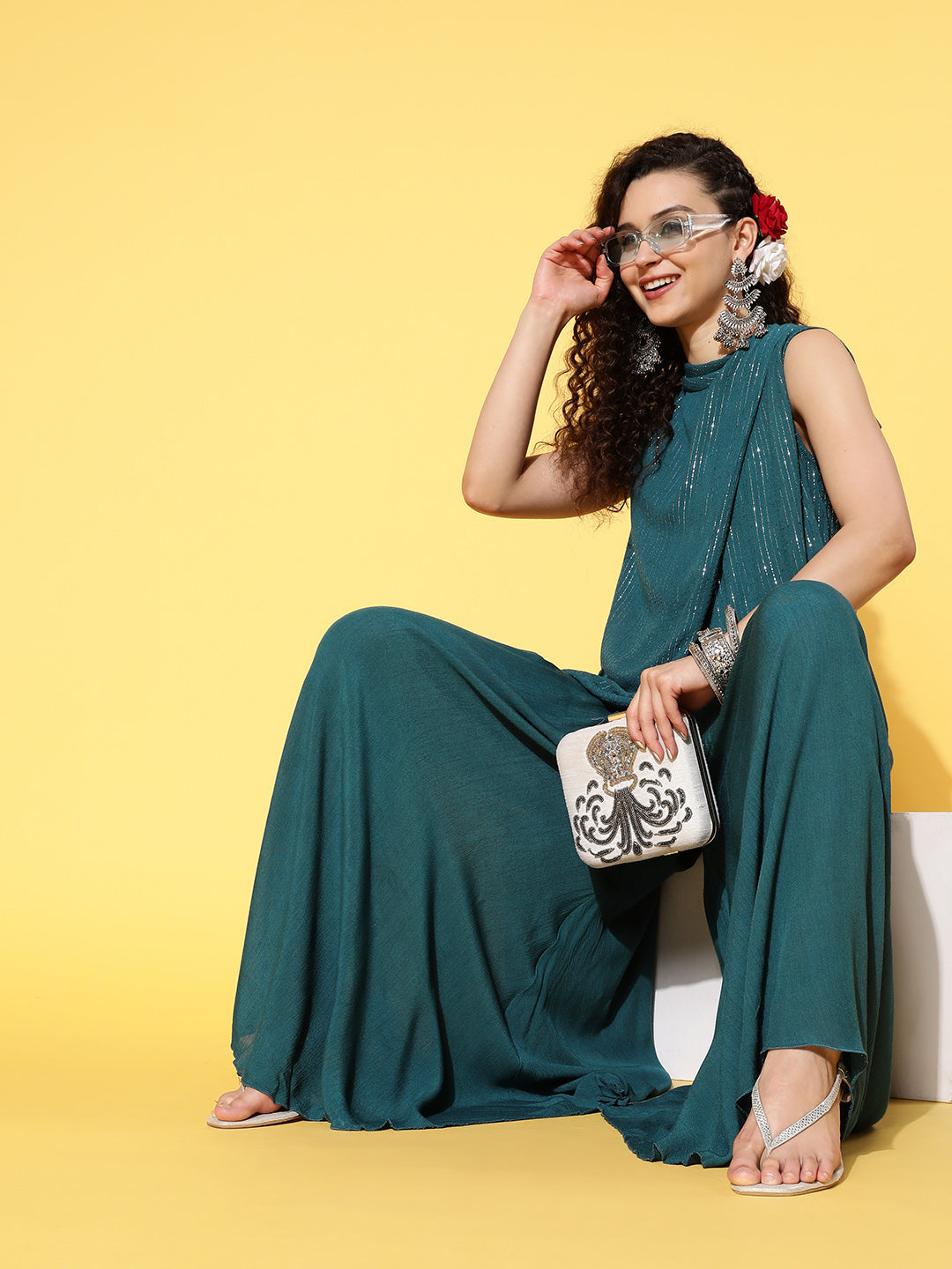 InWeave Women's Teal Lurex Top With Flared Pallazo - Distacart