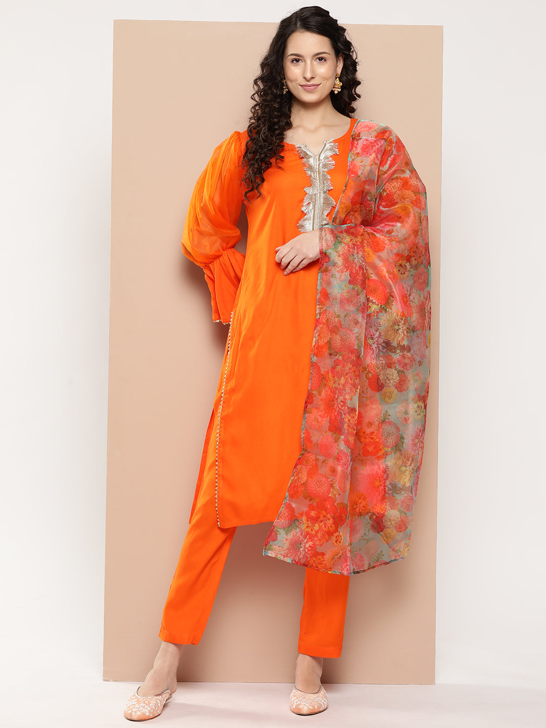 InWeave Women's Orange Organza Sleeve Kurta Set W Green Or Dupatta - Distacart