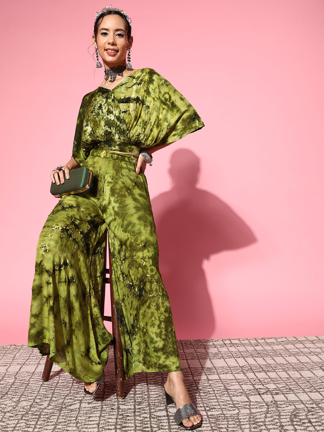 InWeave Women's Olive Tie And Dye New Neckline Top Culottes Set - Distacart