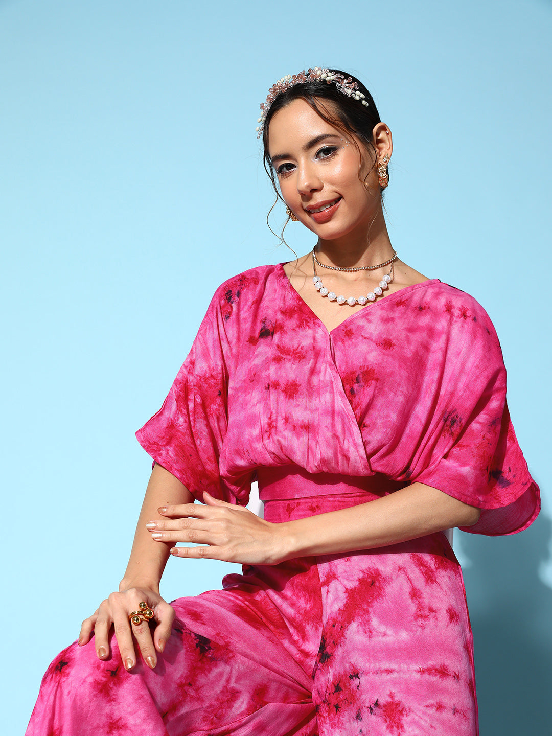 InWeave Women's Magenta Tie And Dye New Neckline Top Culottes Set - Distacart