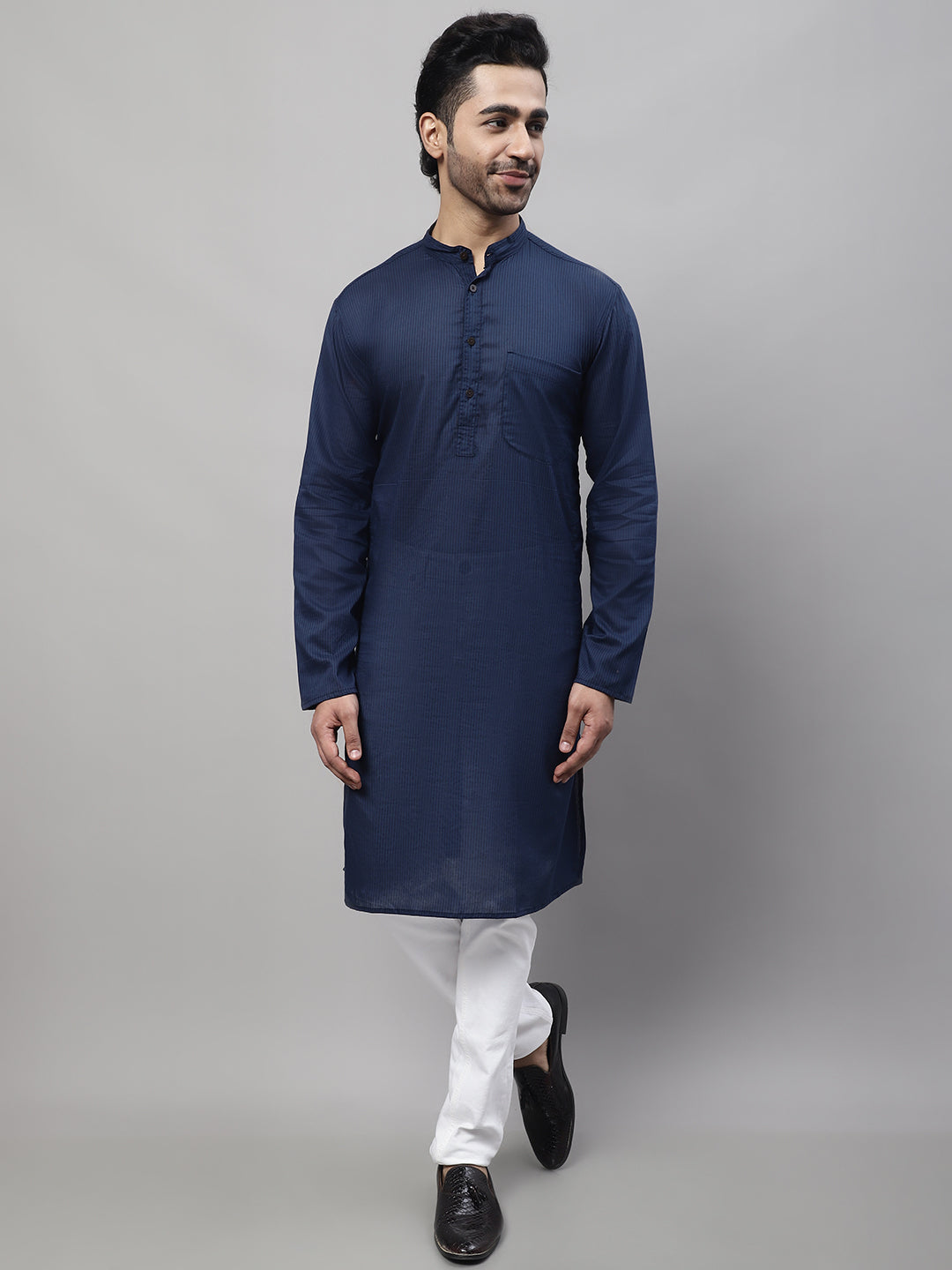 Even Apparels Blue Pure Cotton Kurta With Band Collar - Distacart
