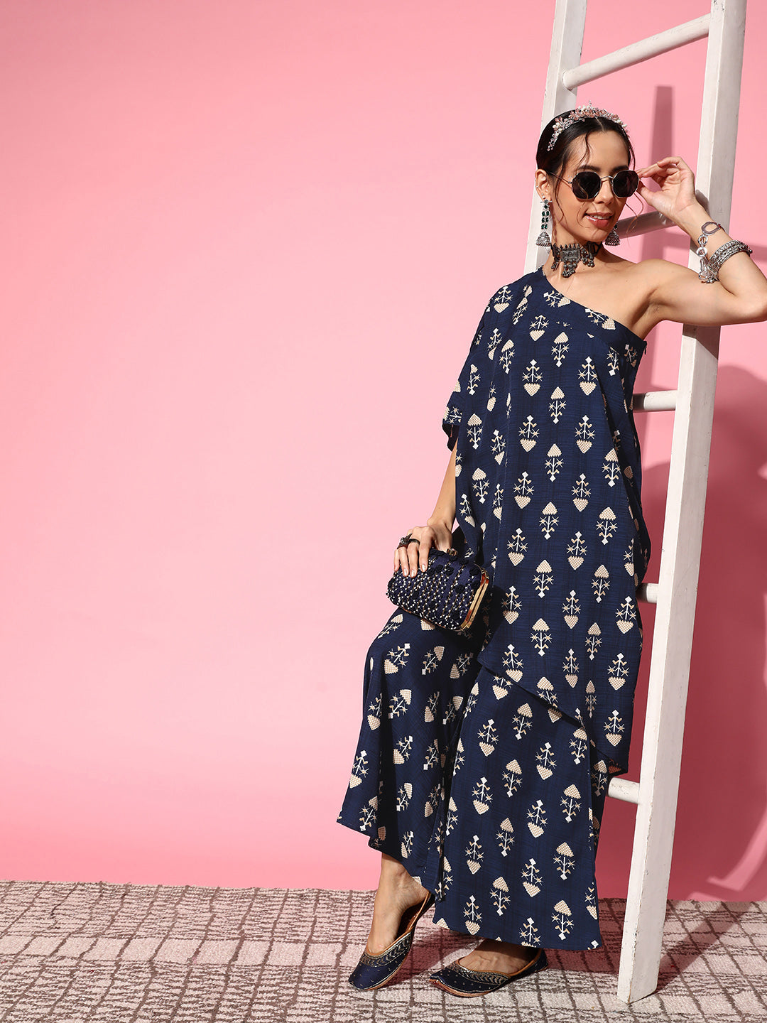 InWeave Women's Blue Boota One Shoulder Top With Palazzo Set - Distacart