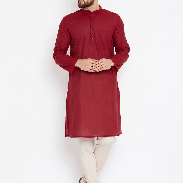 Even Apparels Maroon Pure Cotton Kurta With Band Collar - Distacart