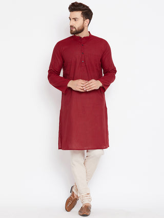 Even Apparels Maroon Pure Cotton Kurta With Band Collar - Distacart