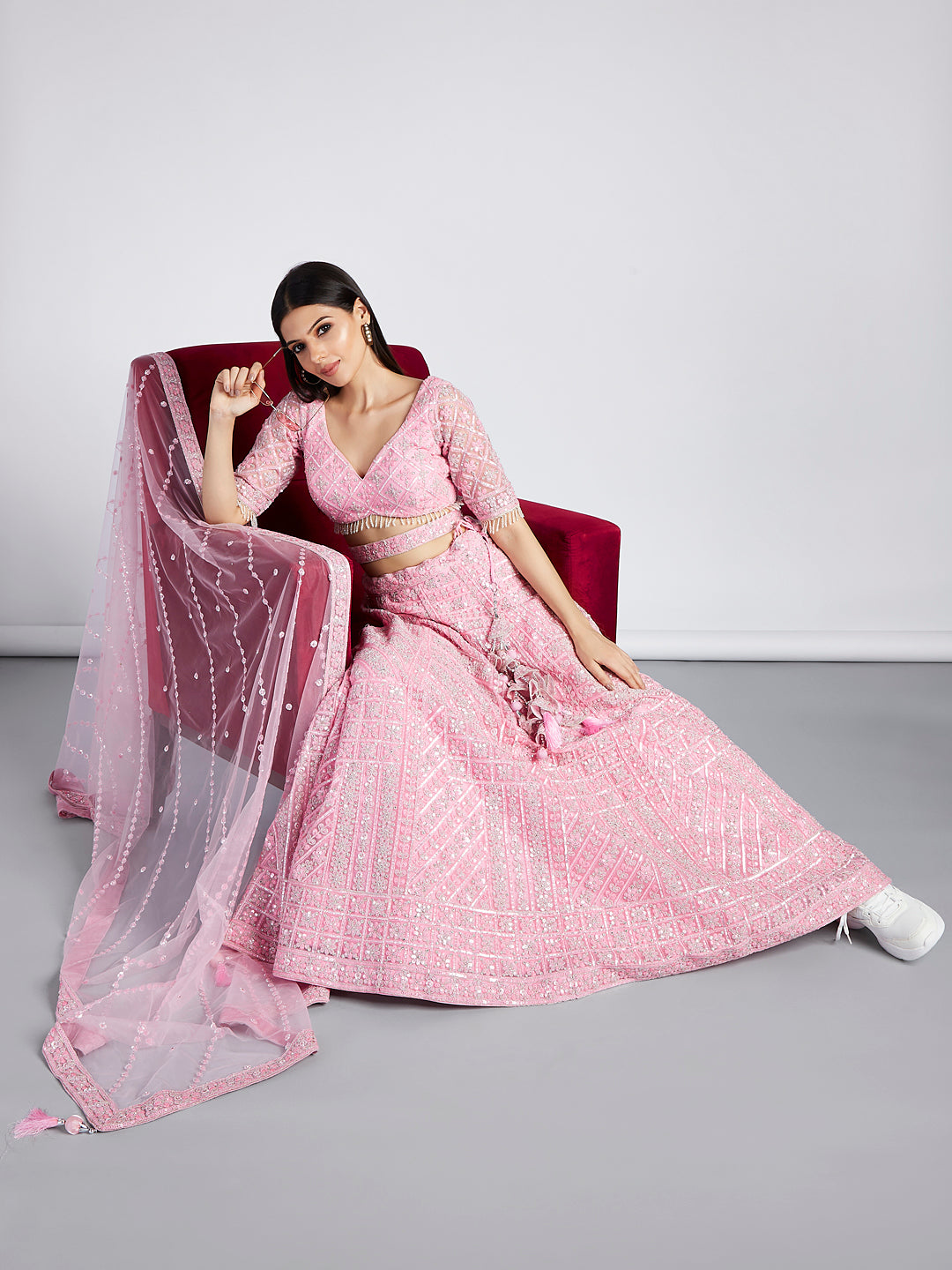 House of Panchhi Pink Net Sequins, Zarkan And Thread Embroidery Lehenga Choli & Dupatta - Distacart