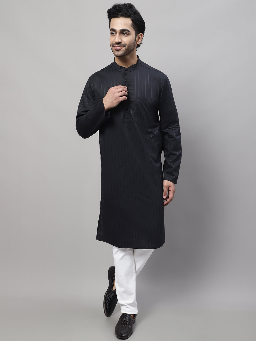 Even Apparels Black Pure Cotton Kurta With Band Collar - Distacart