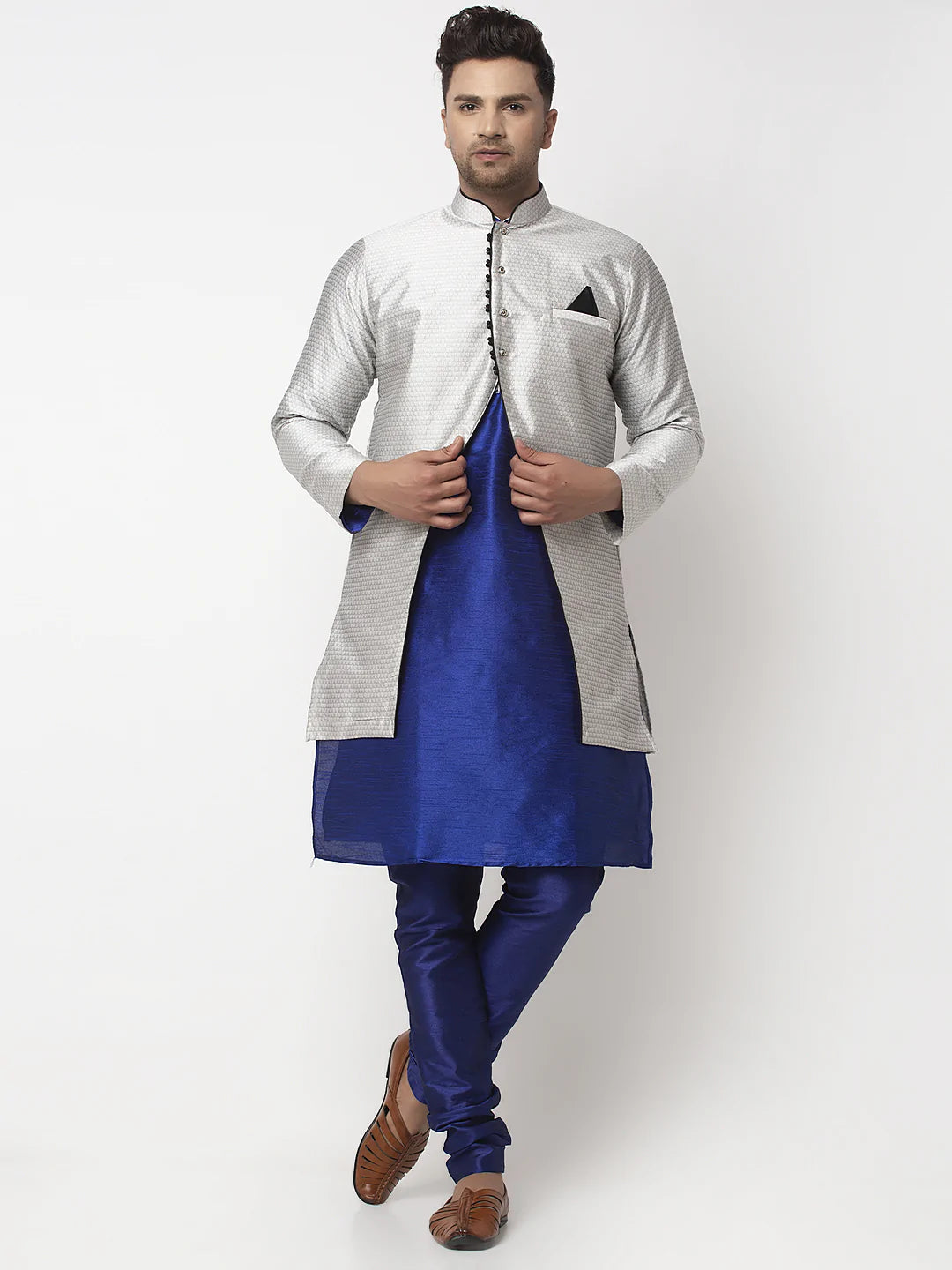 Kalyum Men's Royal Blue Kurta With Pyjama & Grey Self Design Jacket - Distacart
