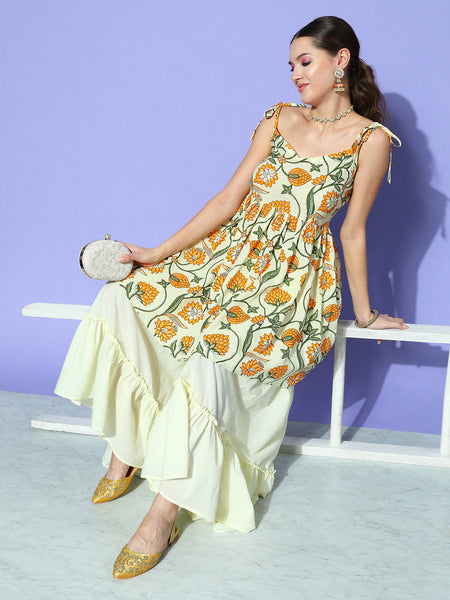 InWeave Women's Off White Yellow Floral Print Tie Up Kurta Sharara Set - Distacart