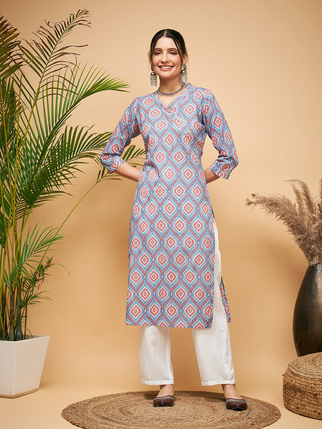 InWeave Women's Blue Pink Print Angrakha Style Straight Kurta Pant Set - Distacart