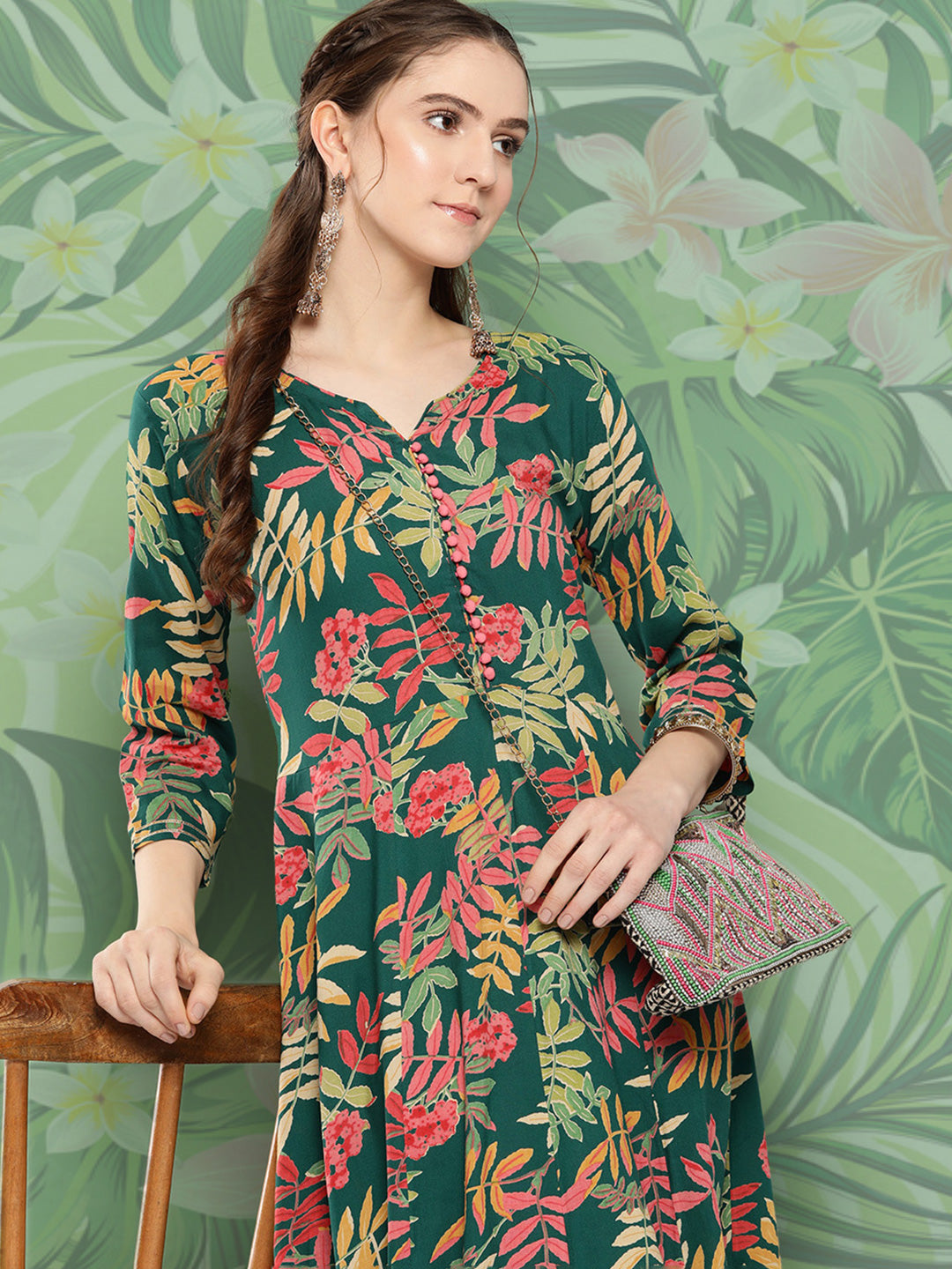 InWeave Women's Green Tropical Print Gota Long Dress - Distacart