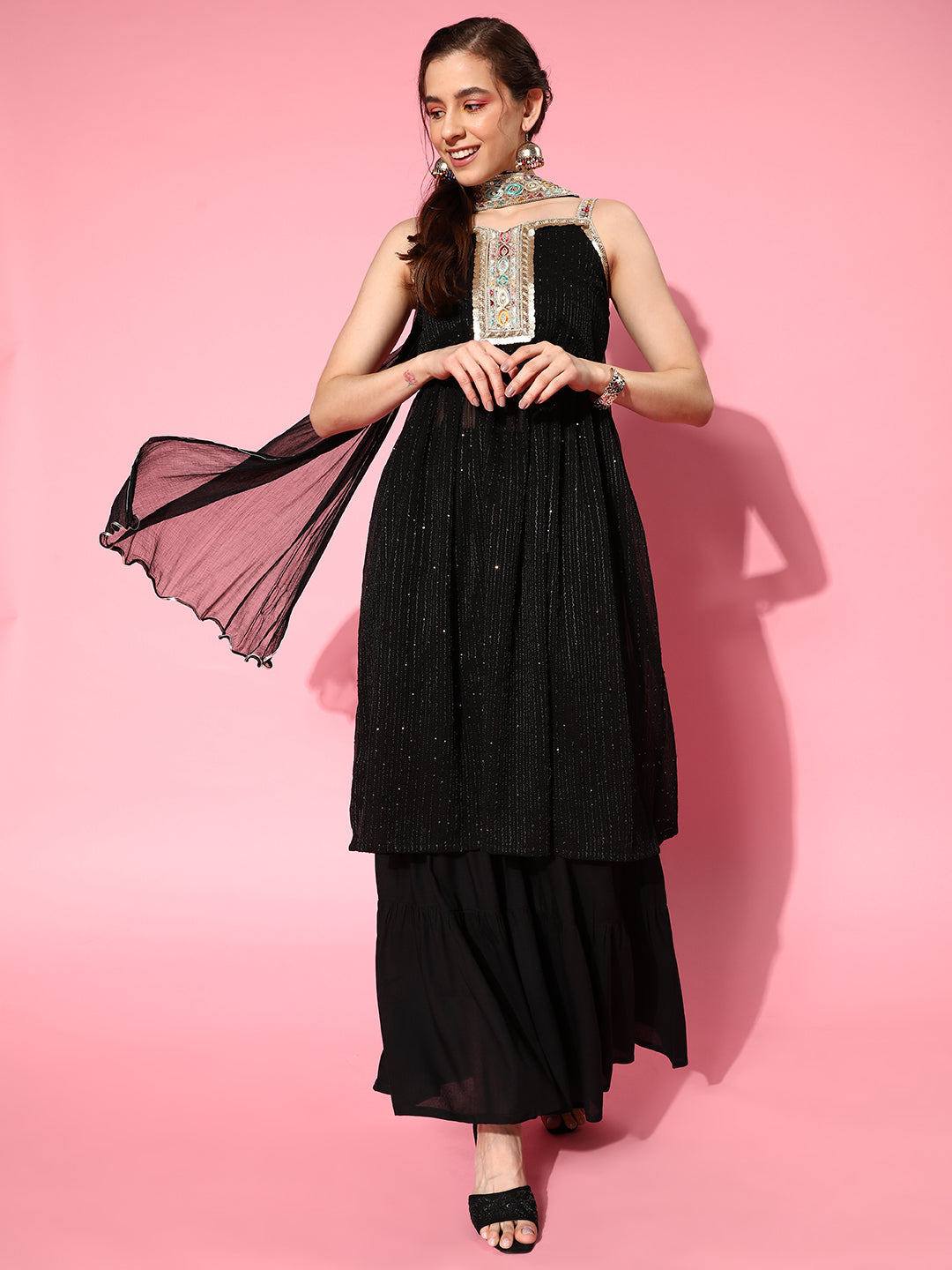 InWeave Women's Black Gota Insert Neckline Sharara Set - Distacart