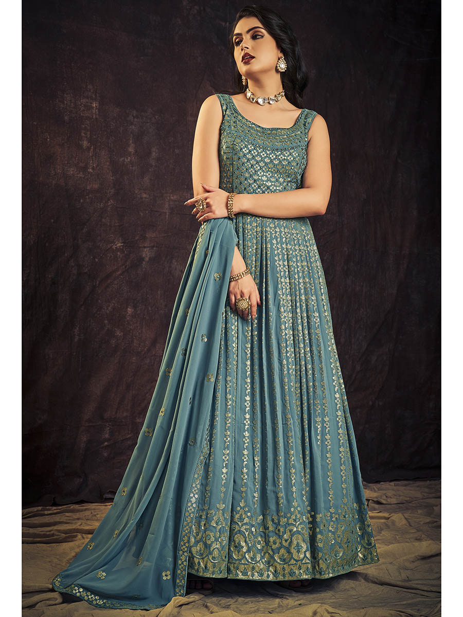 Myra Blue Real Georgette Designer Gown Style Suit - Distacart