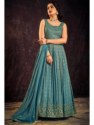 Myra Blue Real Georgette Designer Gown Style Suit - Distacart
