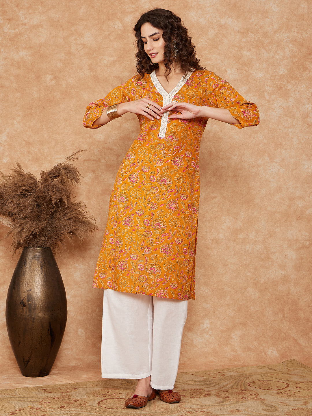 InWeave Women's Fire Yellow Print V Neck Lace Work Straight Kurta - Distacart