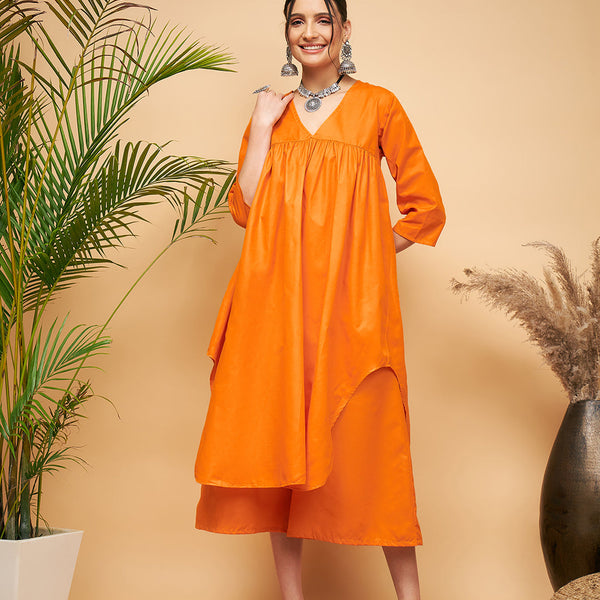 InWeave Women's Orange Flared Kurta Palazzo Set - Distacart