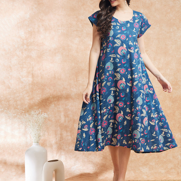 InWeave Women's Blue Pink Kalamkari A Line Dress - Distacart