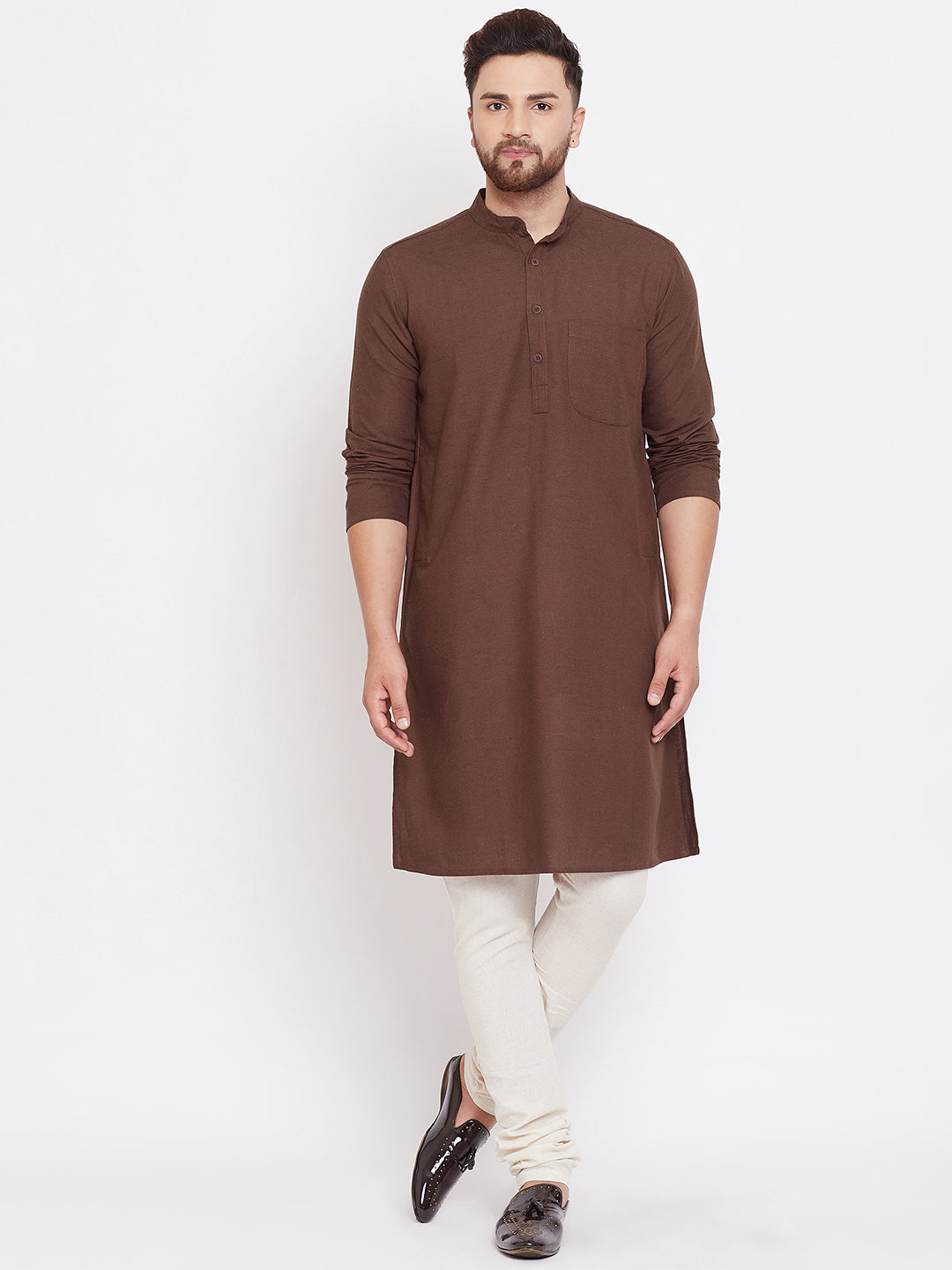 Even Apparels Brown Solid Kurta With Band Collar - Distacart