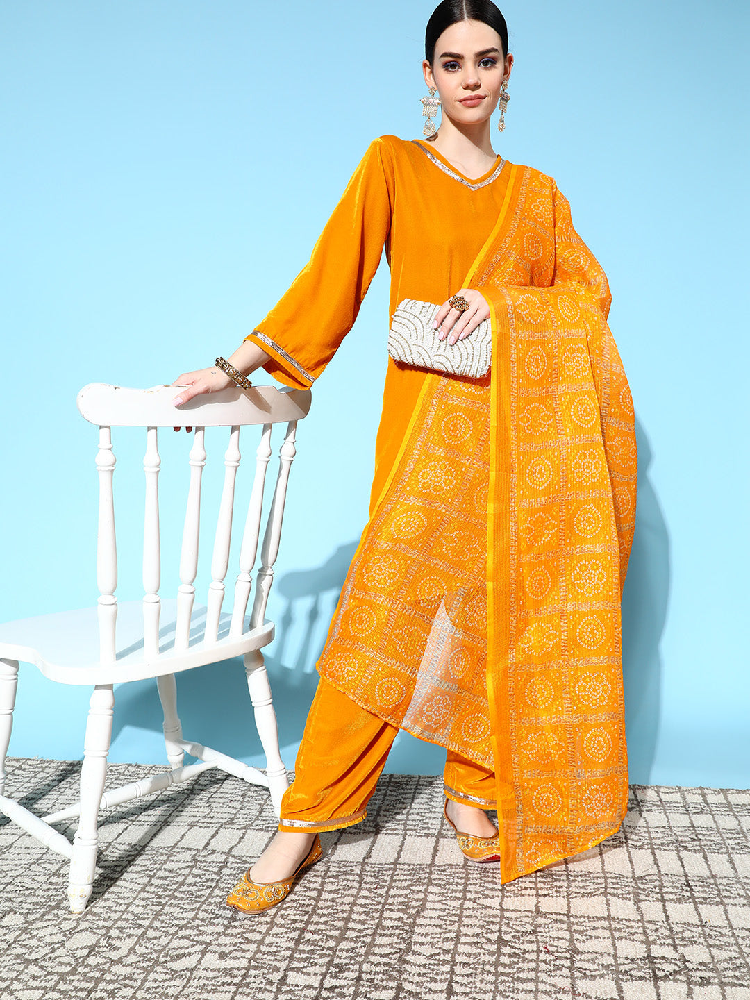 InWeave Women's Mustard Velvet Kurta Set With Mustard Kota Bandhani Dupatta - Distacart